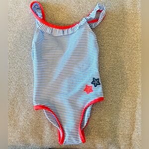 Nautical Striped Kids Swim One Piece with Red Accents